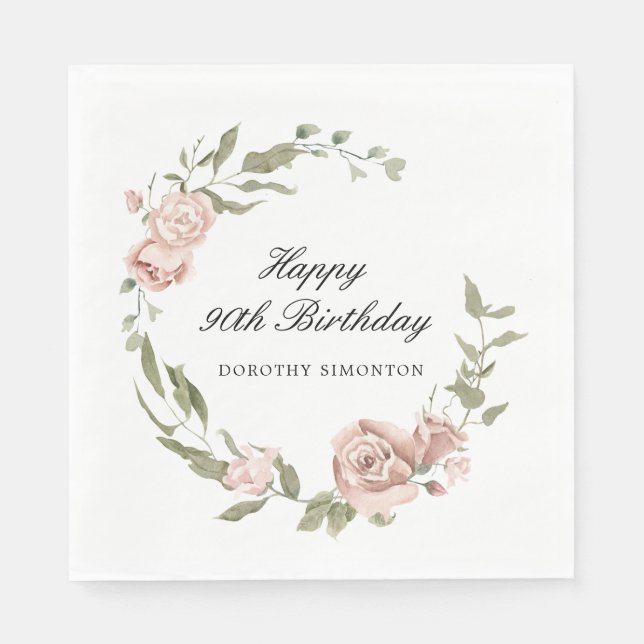 Dusty Pink Rose Floral 90th Birthday  Napkins (Front)