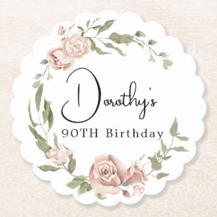 Dusty Pink Rose Floral 90th Birthday Paper Coaster