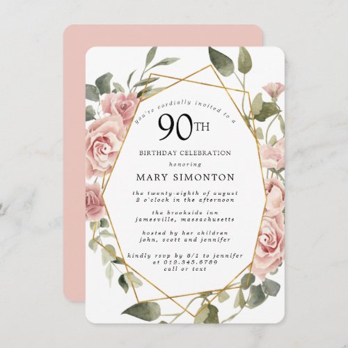 Dusty Pink Rose Floral 90th Birthday Party Invitation