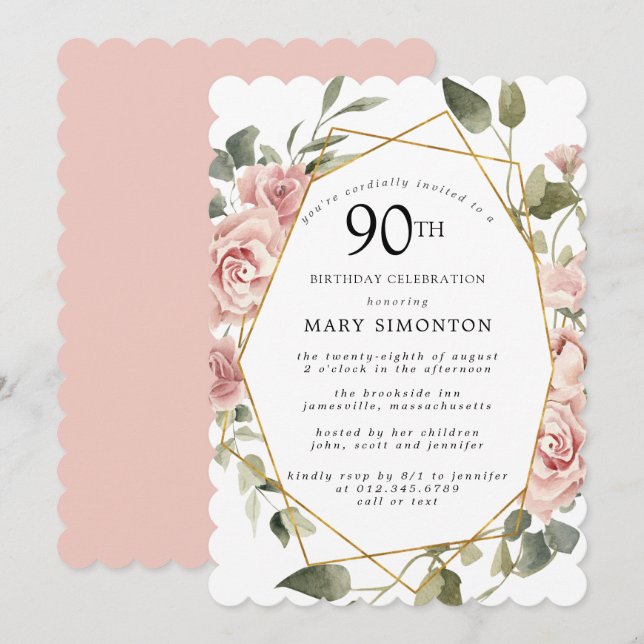 Dusty Pink Rose Floral 90th Birthday Party Invitation (Front/Back)