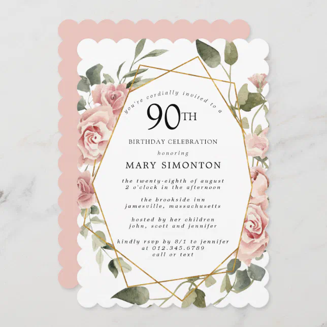 Dusty Pink Rose Floral 90th Birthday Party Invitation | Zazzle