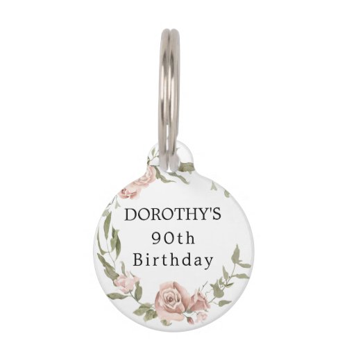 Dusty Pink Rose Floral 90th Birthday Pet ID Tag