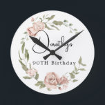 Dusty Pink Rose Floral 90th Birthday Round Clock<br><div class="desc">Soft dusty pink roses create a beautiful rustic floral wreath. The woman's name and 90th birthday follow. This wall clock is part of the Dusty Pink Rose collection. It contains many DIY templates that let you quickly create invitations and party supplies.</div>