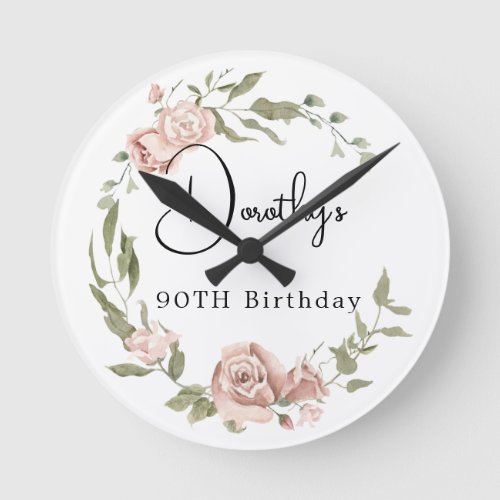 Dusty Pink Rose Floral 90th Birthday Round Clock