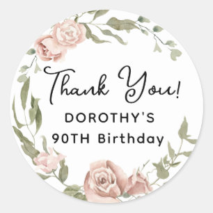 Dusty Pink Rose Floral 90th Birthday Thank You Classic Round Sticker