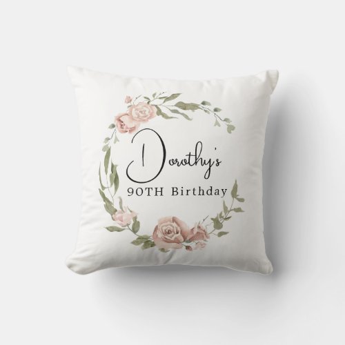 Dusty Pink Rose Floral 90th Birthday Throw Pillow