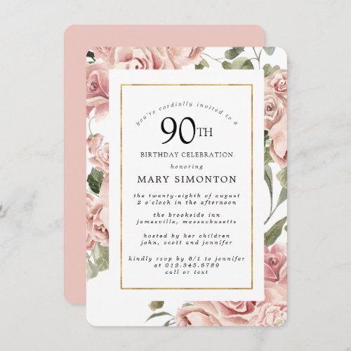Dusty Pink Rose Floral 90th Gold Birthday Party Invitation