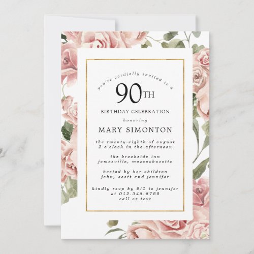 Dusty Pink Rose Floral 90th Gold Birthday Party Invitation