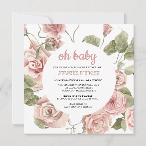 Dusty Pink Rose Floral Botanical Baby Shower Invitation