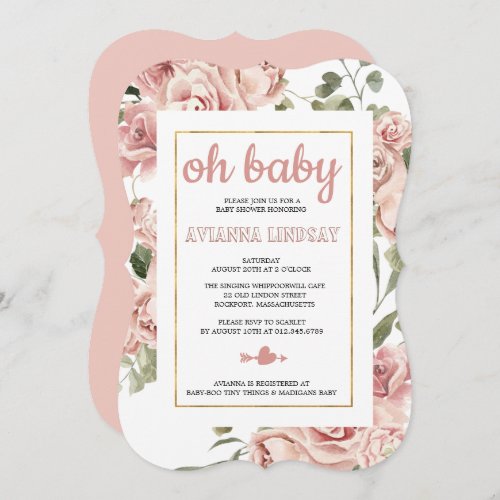 Dusty Pink Rose Floral Botanical Baby Shower  Invitation