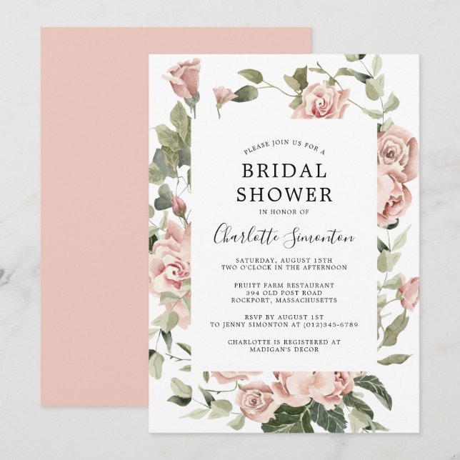 Dusty Pink Rose Floral Bridal Shower Invitation (Front/Back)