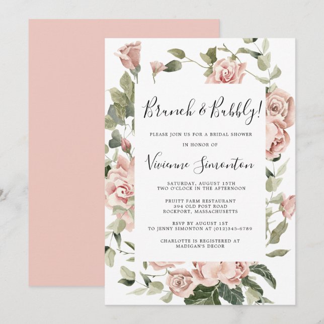 Dusty Pink Rose Floral Brunch and Bubbly Invitation (Front/Back)