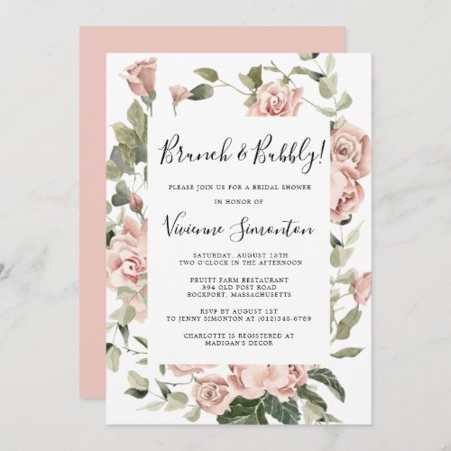 Dusty Pink Rose Floral Brunch and Bubbly Invitation