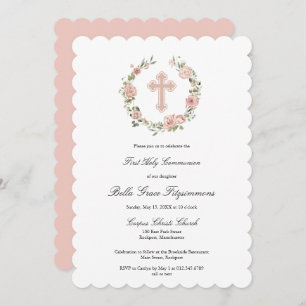 Dusty Pink Rose Floral Cross First Communion Invit Invitation