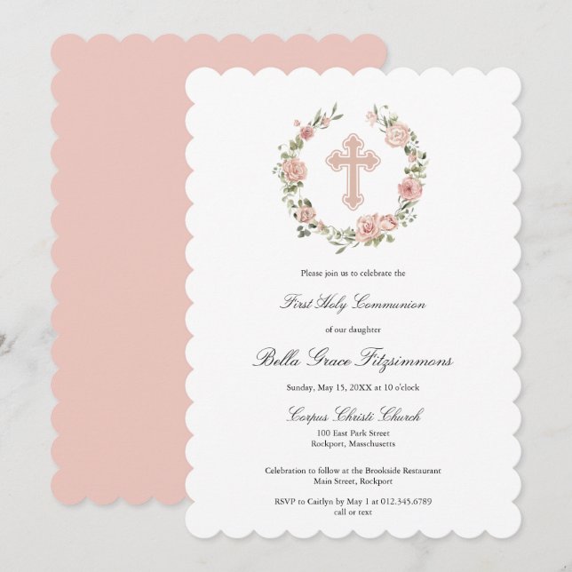 Dusty Pink Rose Floral Cross First Communion Invit Invitation (Front/Back)