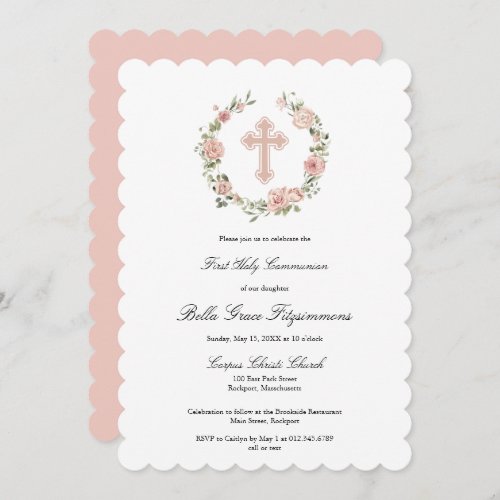 Dusty Pink Rose Floral Cross First Communion Invit Invitation