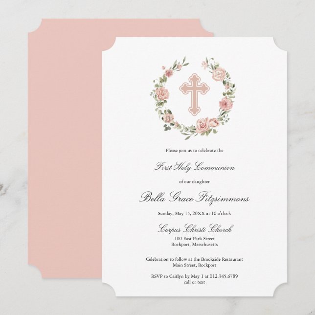 Dusty Pink Rose Floral Cross First Communion  Invitation (Front/Back)