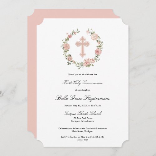 Dusty Pink Rose Floral Cross First Communion  Invitation