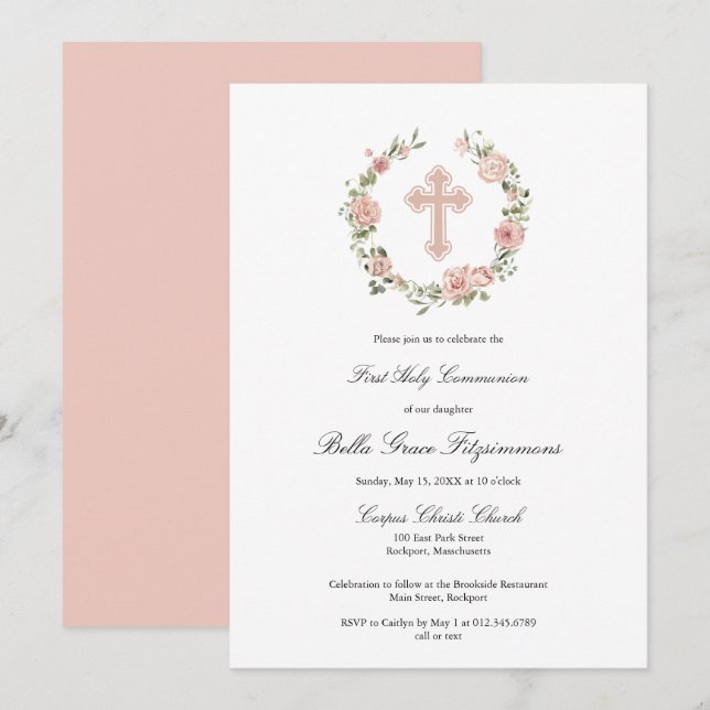 Dusty Pink Rose Floral Cross First Communion Invitation (Front/Back)