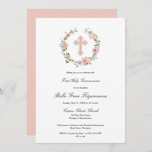 Dusty Pink Rose Floral Cross First Communion Invitation