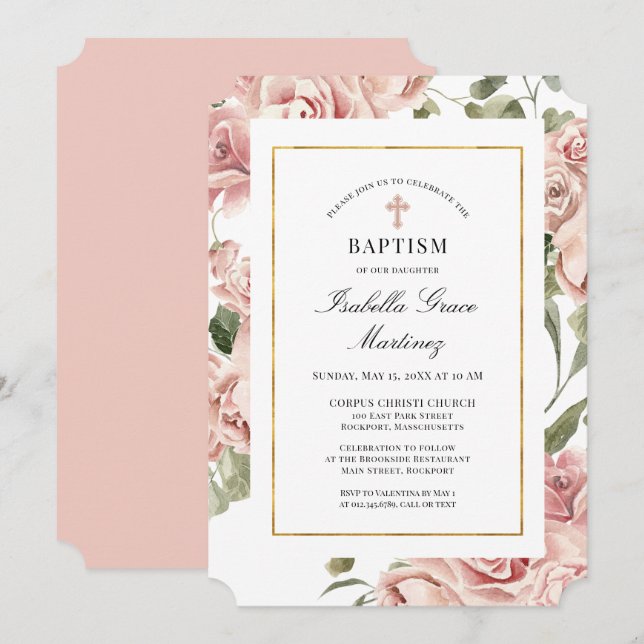 Dusty Pink Rose Floral Elegant Baptism Invitation (Front/Back)