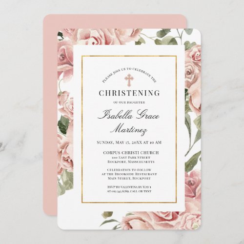 Dusty Pink Rose Floral Elegant Christening Invitat Invitation
