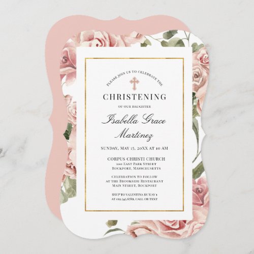 Dusty Pink Rose Floral Elegant Christening  Invitation