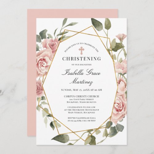 Dusty Pink Rose Floral Elegant Christening Invitation