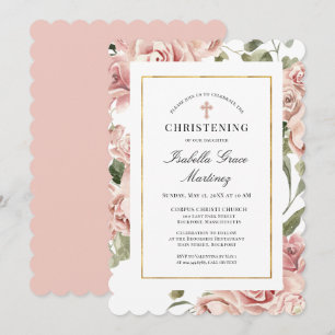 Dusty Pink Rose Floral Elegant Christening Invitation