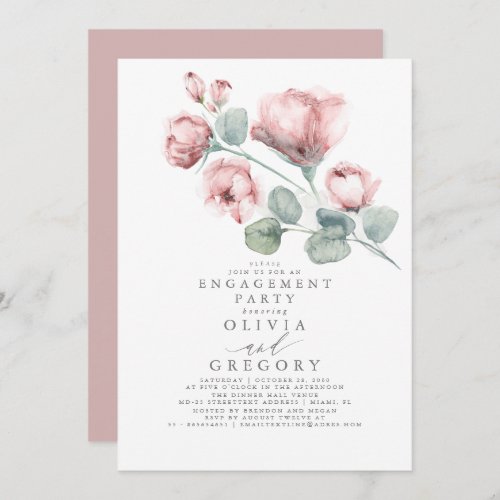 Dusty Pink Rose Floral Elegant Engagement Party Invitation