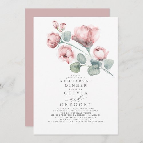 Dusty Pink Rose Floral Elegant Rehearsal Dinner Invitation