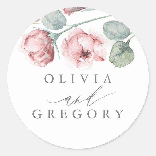 Dusty Pink Rose Floral Elegant Wedding Classic Round Sticker (Front)