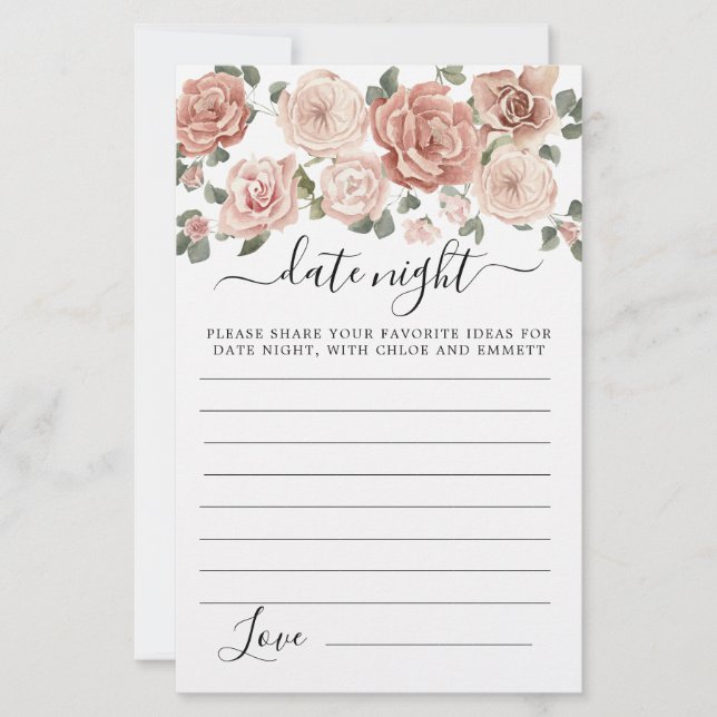 Dusty Pink Rose Floral Eucalyptus Date Night Card (Front)