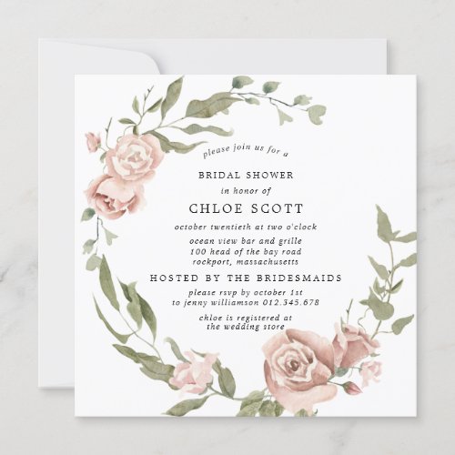 Dusty Pink Rose Floral Gold Bridal Shower Invitation