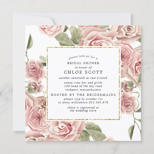 Dusty Pink Rose Floral Gold Bridal Shower Invitation