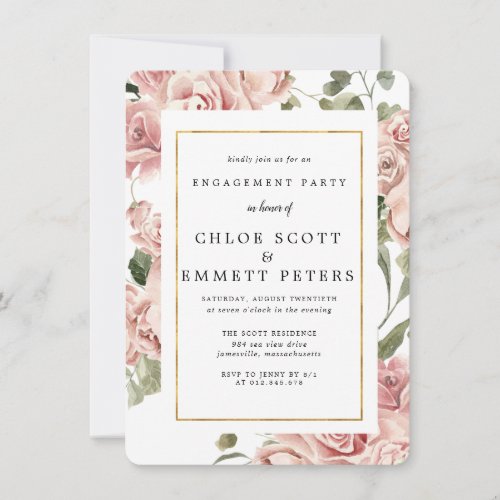 Dusty Pink Rose Floral Gold Engagement Party Invitation