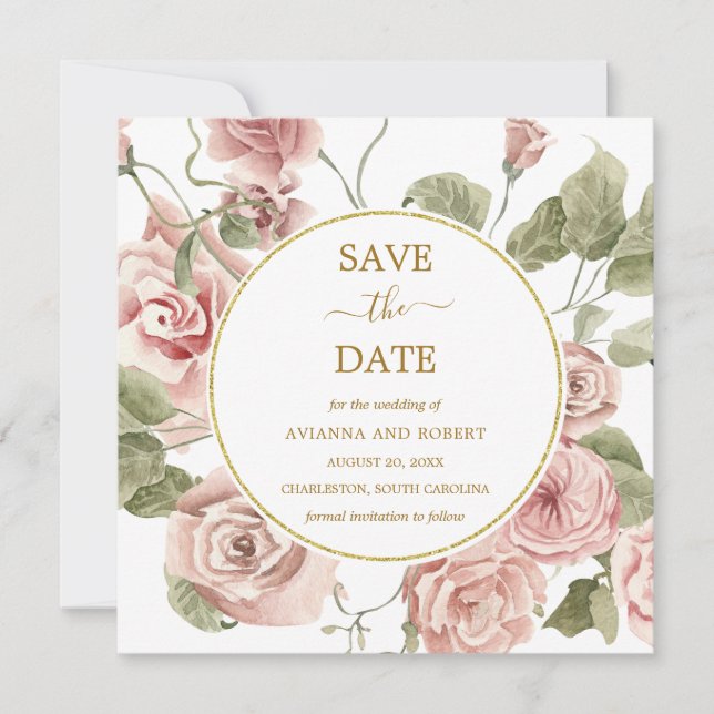 Dusty Pink Rose Floral Gold Frame Save The Date (Front)