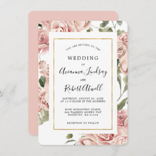 Dusty Pink Rose Floral Gold Frame Wedding Invitation