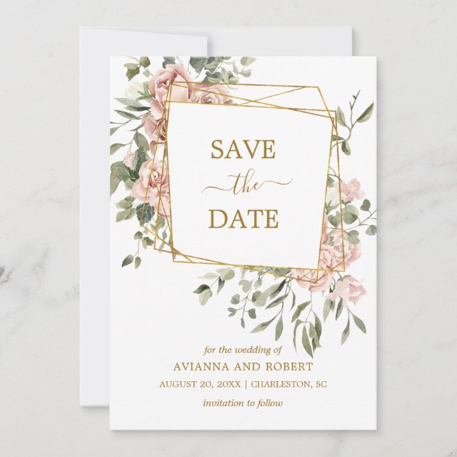 Dusty Pink Rose Floral Gold Geometric Frame Save T The Date (Front)
