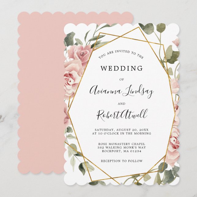 Dusty Pink Rose Floral Gold Geometric Wedding Invi Invitation (Front/Back)