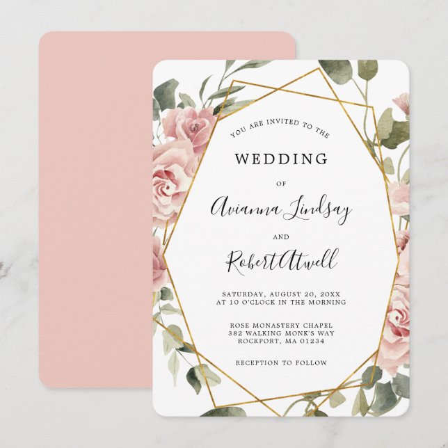 Dusty Pink Rose Floral Gold Geometric Wedding Invi Invitation (Front/Back)