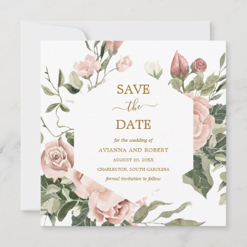 Dusty Pink Rose Floral Gold Save The Date