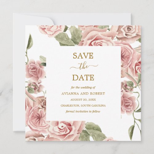 Dusty Pink Rose Floral Gold Save The Date
