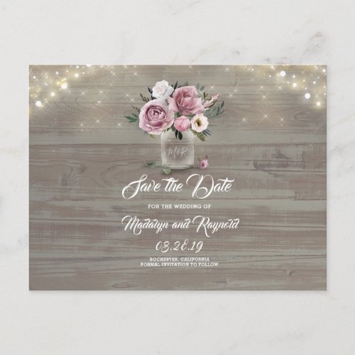 Dusty Pink Rose Floral Mason Jar Save the Date Announcement Postcard