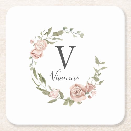 Dusty Pink Rose Floral Monogram Name Square Paper Coaster