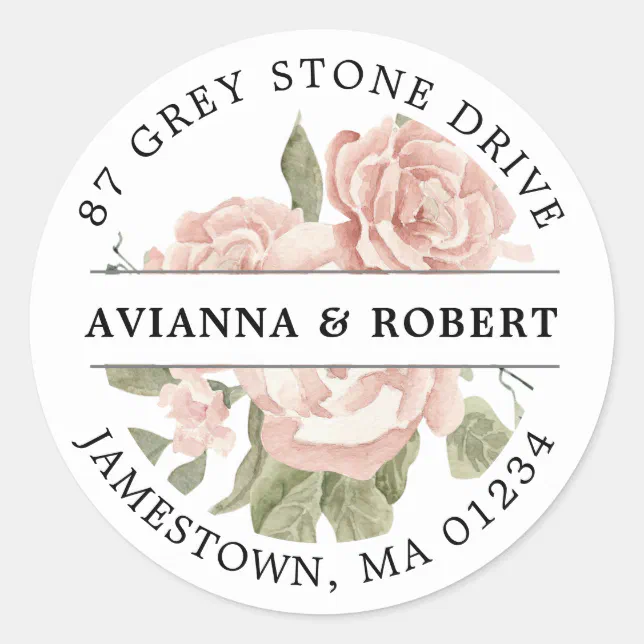 Dusty Pink Rose Floral Return Address Classic Round Sticker | Zazzle