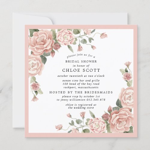 Dusty Pink Rose Floral Square Bridal Shower Invitation