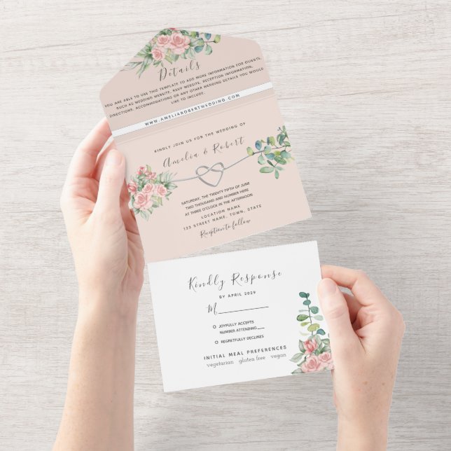 Dusty Pink Rose Floral Wedding All In One Invitation (Tearaway)