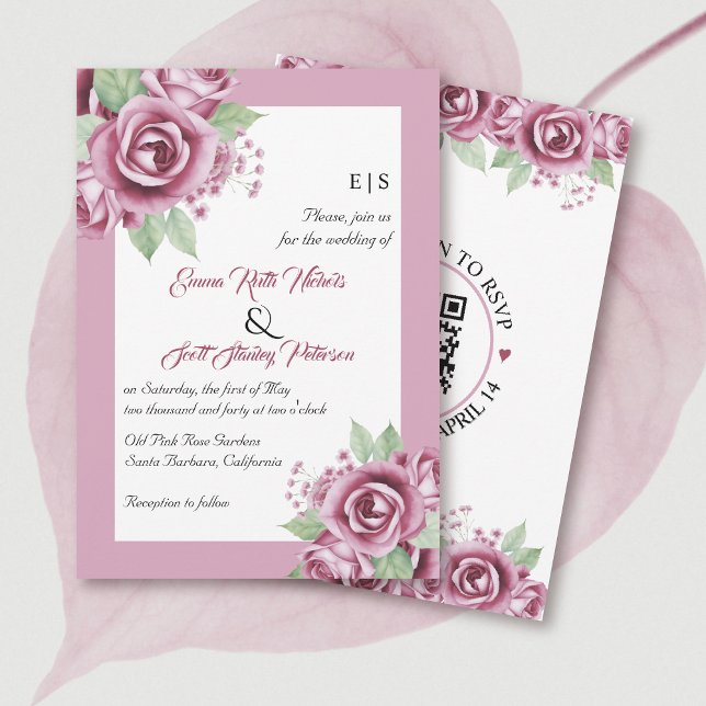 Dusty pink rose flowers, QR code floral wedding Invitation (Creator Uploaded)
