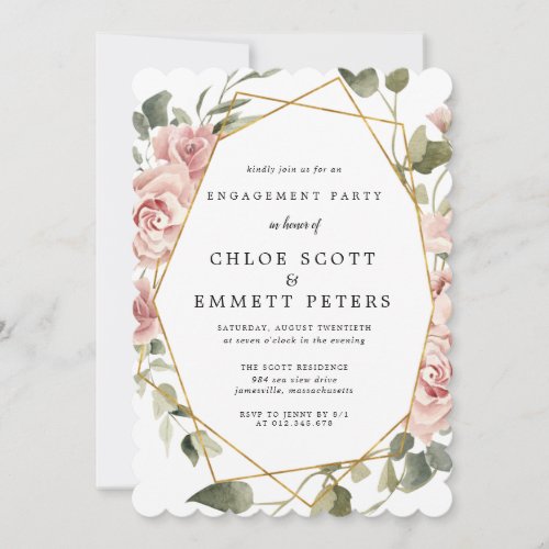 Dusty Pink Rose Geometric Frame Engagement Party I Invitation
